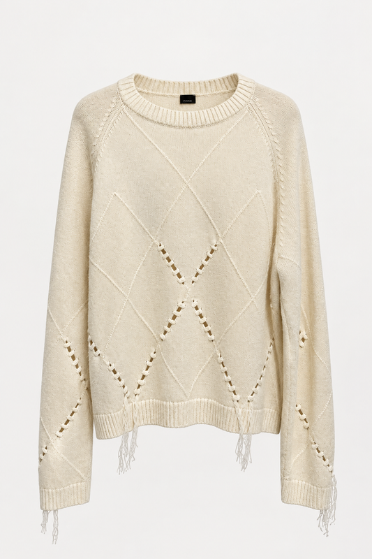 Pull Pinko Berna argyle beige avec les fils qui pendent